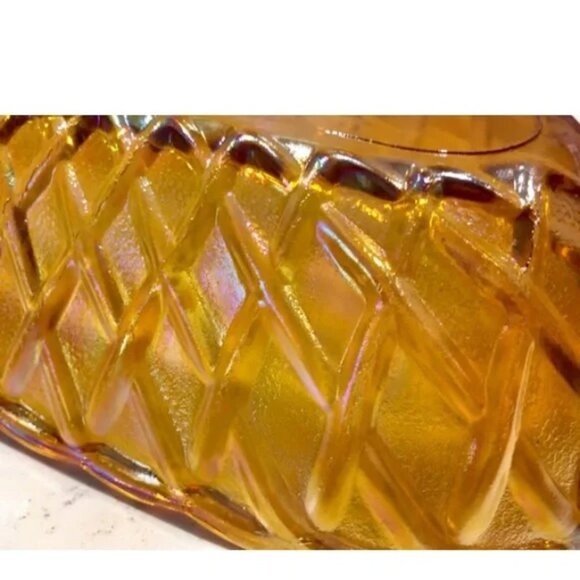 1970s "Indiana Glass Co" Iridescent Oval Basketweave Carnival Glass Dish - Picture 5 of 6